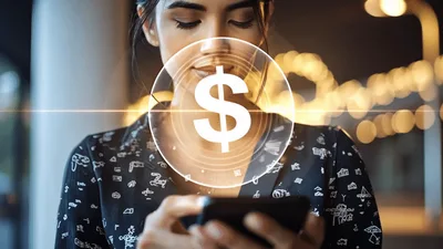 Young Woman Using Smartphone With Digital Dollar Icon Overlay