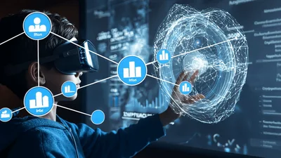 Young Boy Interacting With Holographic Data Visualization In VR