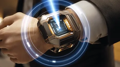 Futuristic Smartwatch Displaying Holographic Data Interface