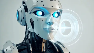 Futuristic Android Robot Processing Digital Data Visualization