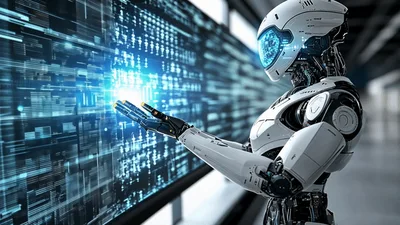 Futuristic Robot Interacting With Digital Data Interface
