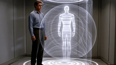 Scientist Observing Holographic Human Body Projection in Laboratory