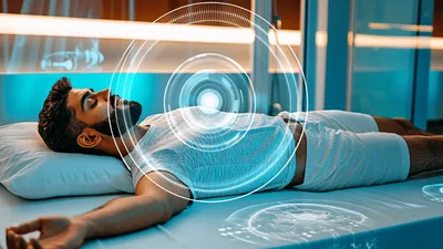 Man Undergoing Futuristic Medical Scan With Holographic Interface