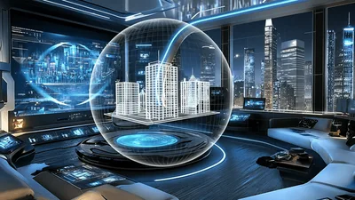 Futuristic Holographic City Model Projection In High Tech Office