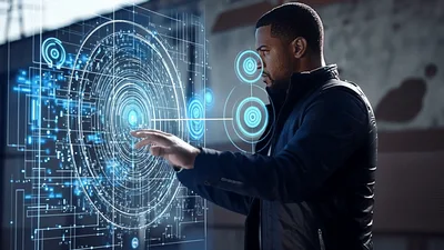 Man Interacting With Futuristic Holographic Interface