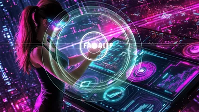 Cyberpunk Woman Interacting With Holographic Interface In Futuristic City
