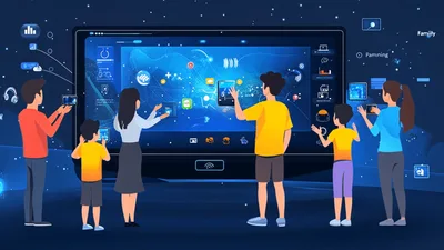 Family Interacting With Digital Technology And Virtual Interface