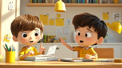 Two Animated Schoolboys Studying Together At A Desk