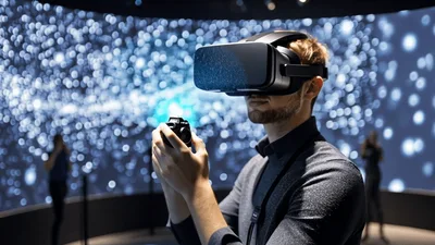Man Wearing Virtual Reality Headset Holding Digital Camera