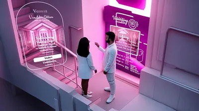 Futuristic Couple Interacting With Holographic Wedding Invitation Interface
