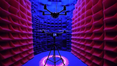 Drone Hovering Inside An Anechoic Chamber Testing Facility