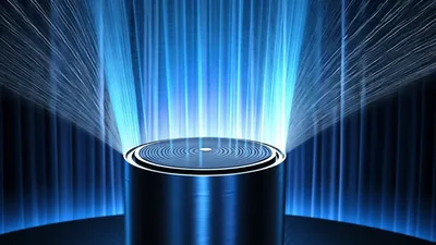 Blue Light Beams Radiating From Cylindrical Smart Speaker