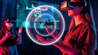 Young Woman Interacting With Virtual Reality Drone Simulation