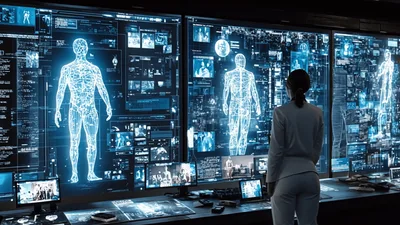 Female Scientist Analyzing Human Anatomy Data On Digital Screens