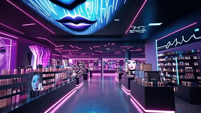 Futuristic Beauty Store Interior With Digital Holographic Displays