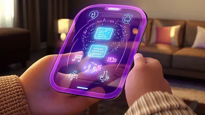 Futuristic Transparent Smartphone Displaying Interactive Holographic Data Interface