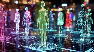 Digital Holographic Human Models Standing On Futuristic Grid