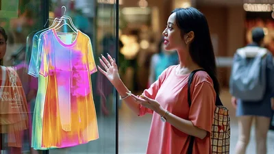 Young Woman Interacting With Holographic Clothing Display In Mall
