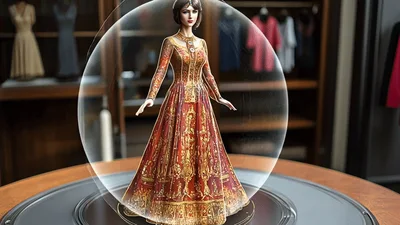 Holographic Fashion Doll Display Rotating In Boutique