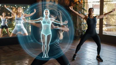 Woman Performing Fitness Exercise With Augmented Reality Hologram