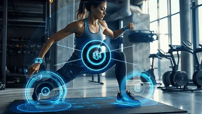 Woman Performing Lunges With Augmented Reality Fitness Data