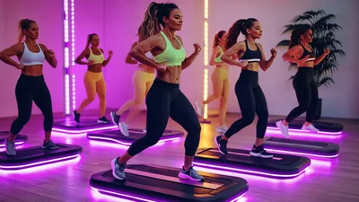 Group Of Women Exercising On Treadmills In Neon Studio