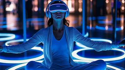 Woman Meditating In Virtual Reality With Glowing Neon Rings