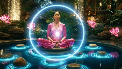 Woman Meditating Inside Glowing Energy Sphere In Tropical Garden