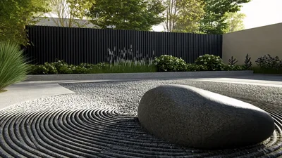 Zen Garden With Raked Gravel And Large Stone