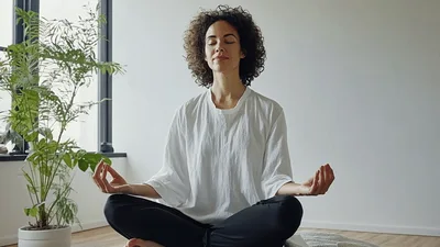 Woman Meditating In Lotus Position In Bright Room
