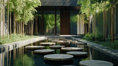 Zen Garden With Floating Stone Steps And Bamboo