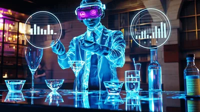 Cyberpunk Bartender Interacting With Holographic Data Charts