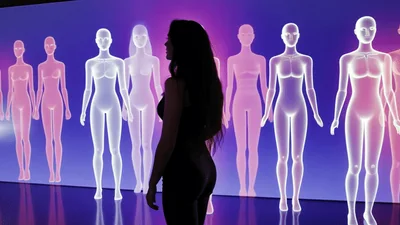 Woman Standing Before Digital Humanoid Projection Wall