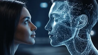 Woman Gazing At A Glowing Digital AI Human Head
