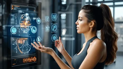 Woman Interacting With Futuristic Holographic Fitness Interface
