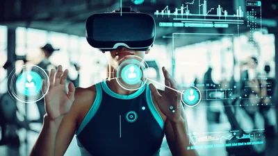Woman Exercising In Gym Using Virtual Reality Headset