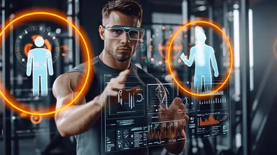 Athletic Man Interacting With Futuristic Augmented Reality Fitness Interface