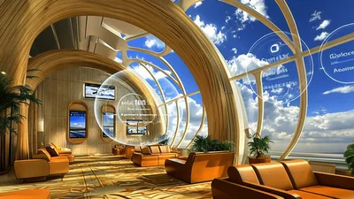 Futuristic Lounge Interior With Floating Holographic Data Displays