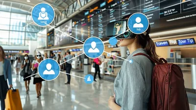 Woman Wearing VR Headset In Airport With Digital Network Overlay