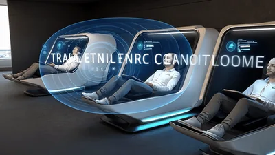 Futuristic Airport Lounge With Passengers In Smart Reclining Pods