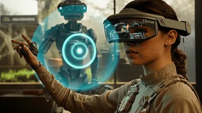 Woman Using Augmented Reality Interface To Control Robot