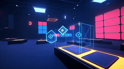 Neon Geometric Shapes Floating In A Futuristic Digital Room