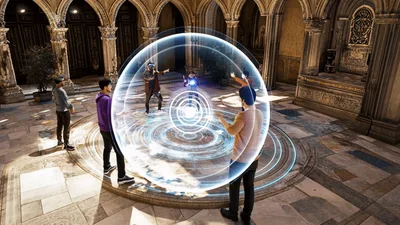 Group Of People Using Augmented Reality Magic Spell Interface