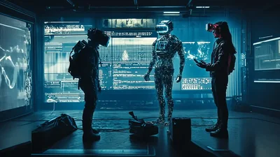 Futuristic Scientists Interacting With A Holographic Android In Lab