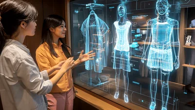 Two Women Interacting With Futuristic Augmented Reality Clothing Display