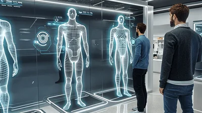 Men Observing Futuristic Holographic Human Body Scans