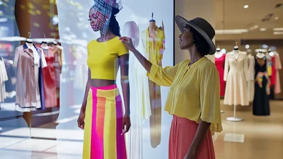 Woman Interacting With Digital Fashion Display In Clothing Store
