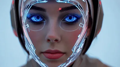 Futuristic Cyborg Woman With Glowing Digital Face Interface