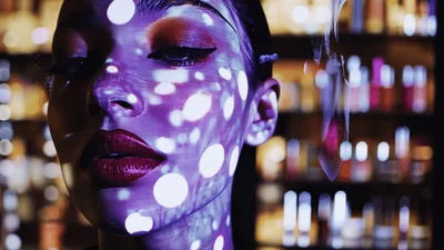 Woman With Light Projection On Face In Nightclub