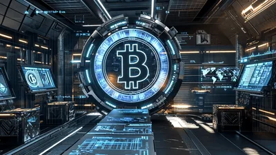 Futuristic Bitcoin Symbol Rotating In High Tech Server Room